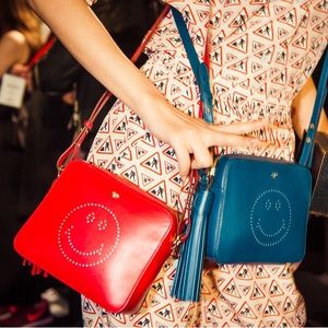 ANYA HINDMARCH Smiley Crossbody Camera Bag Petrol Blue Chunky Tassel Italy